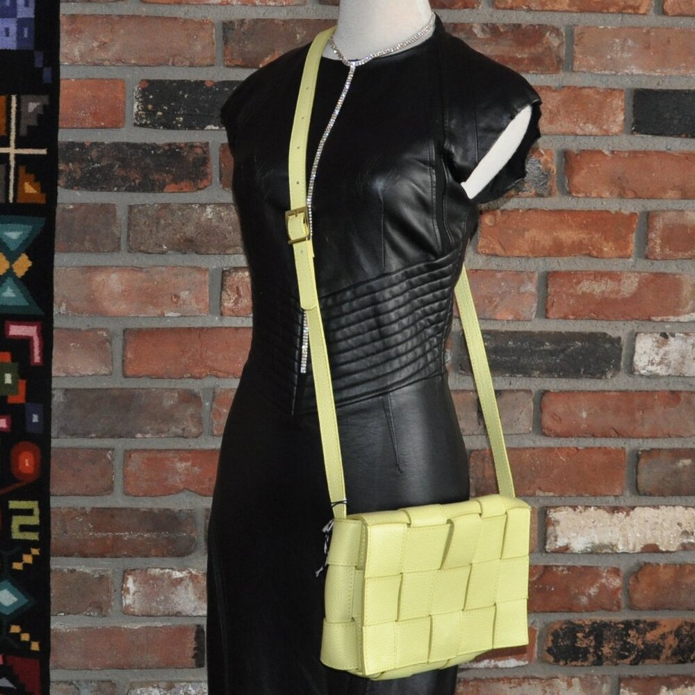 Stella Bianca Cassette Bag Yellow Woven Pebble Leather Crossbody Purse - Italy